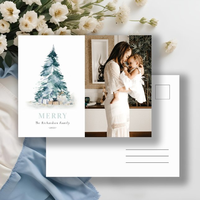 Snow Watercolor Pine Christmas Tree Gift Photo Holiday Postcard (Creator Uploaded)