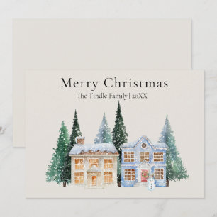 Snow Watercolor Village with Christmas Trees Holiday Card