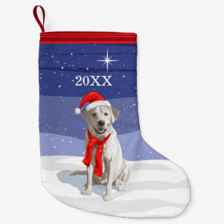 Snow White Labrador Retriever Santa Hat & Scarf Small Christmas Stocking