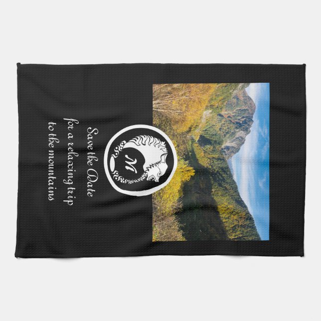 Snow White Wolf Silhouette Laurel Monogram Photo Tea Towel (Horizontal)