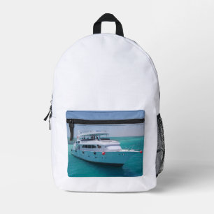 Snow-white yacht near the White Island in Red Sea Printed Backpack