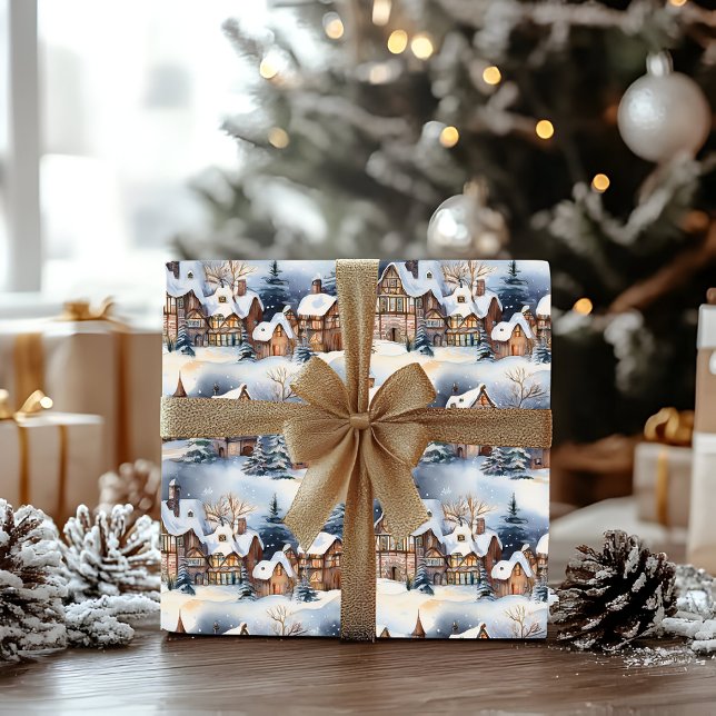 Snow Winter Bavarian Village Christmas Holiday Wrapping Paper (Snowy Winter Wonderland Bavarian Village Landscape Christmas Holiday Wrapping Paper)