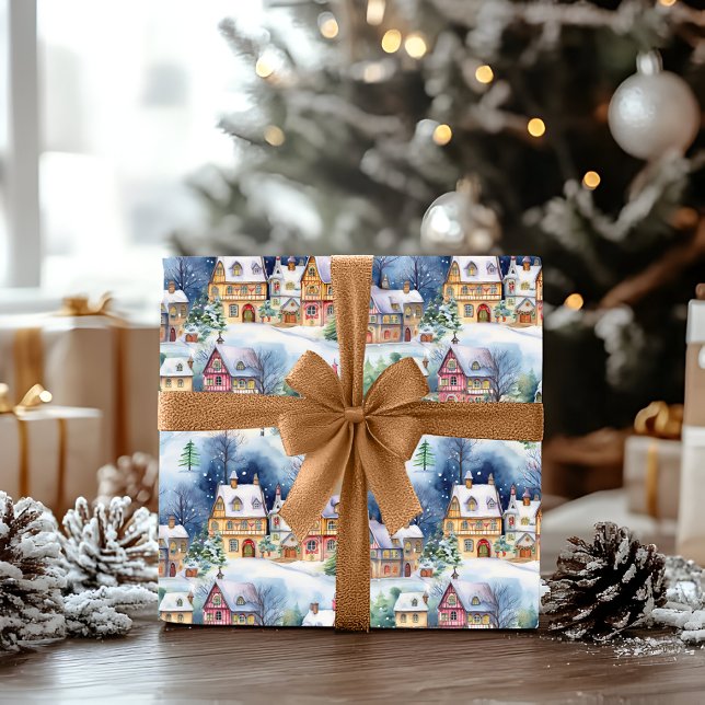 Snow Winter Bavarian Village Christmas Holiday Wrapping Paper (Snowy Winter Wonderland Bavarian Village Landscape Christmas Holiday Multi-Colored Wrapping Paper)