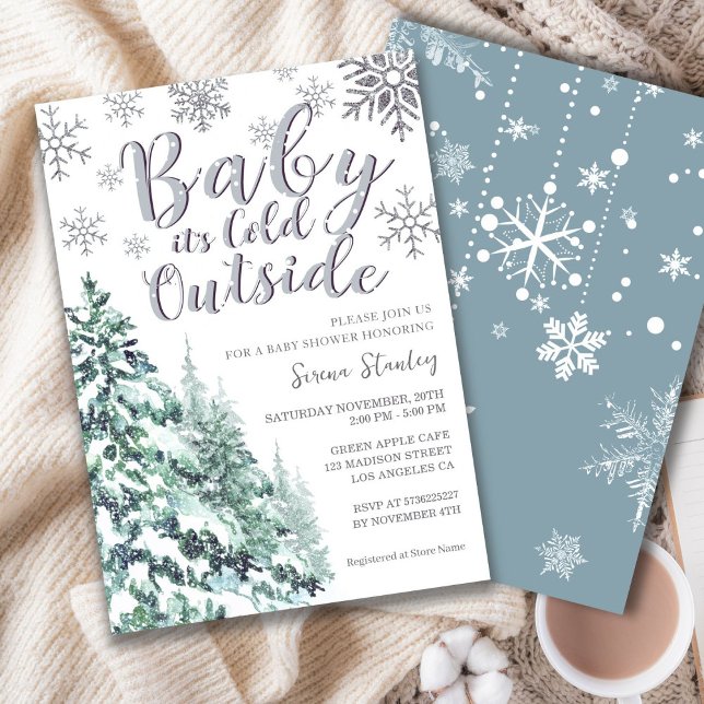Snow Winter Forest Watercolor Grey Baby Shower Invitation (Creator Uploaded)