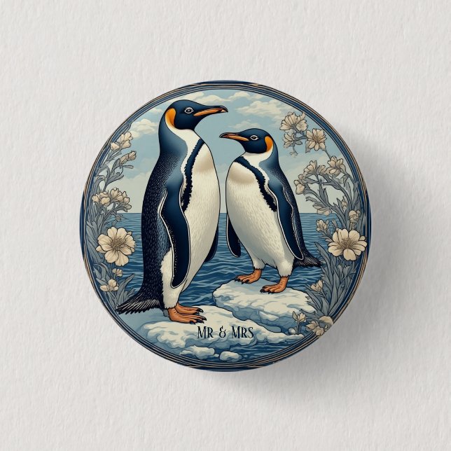 Snow Winter Glacier Blue Mr & Mrs Penguin Couple  3 Cm Round Badge (Front)