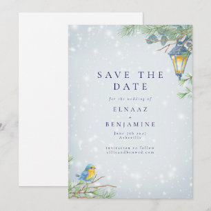Snow Winter Lamp and Bird Illustration Wedding Save The Date