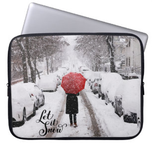 Snow Winter Scene Red Umbrella Let it Snow Laptop Sleeve