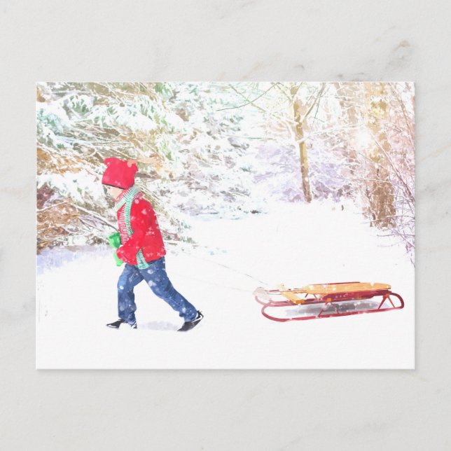 Snow winter sled boy christmas holidays holiday postcard (Front)