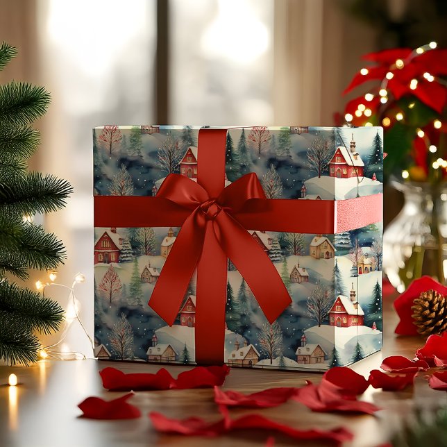 Snow Winter Swiss Village Christmas Holiday Wrapping Paper (Snowy Winter Wonderland Swiss Village Landscape Christmas Holiday Multi-Colored Hygge Wrapping Paper)