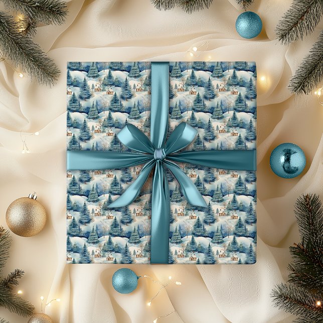 Snow Winter Wonderland Landscape Christmas Holiday Wrapping Paper (Snowy Winter Wonderland Alpine Village Landscape Christmas Holiday Blue Wrapping Paper)