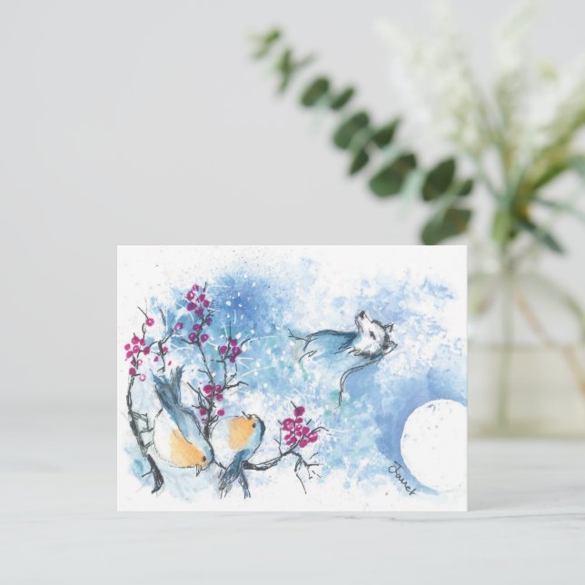 Snow wolf and robins Postcard (Standing Front)