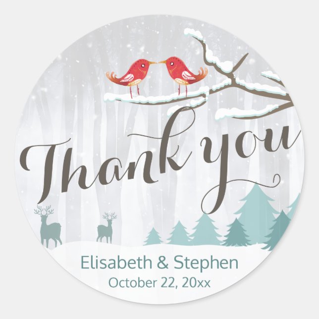 Snow Wonderland Bird Deer Winter Wedding Thank You Classic Round Sticker (Front)