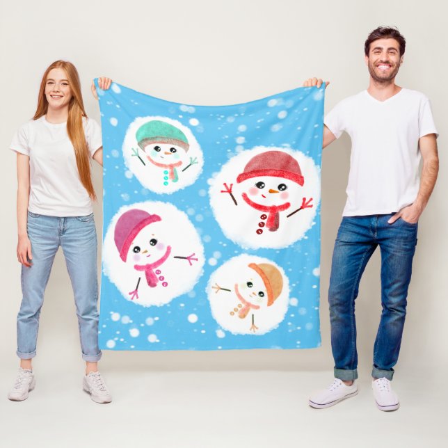Snowball and Snowman Blue Fleece Blanket (In Situ)