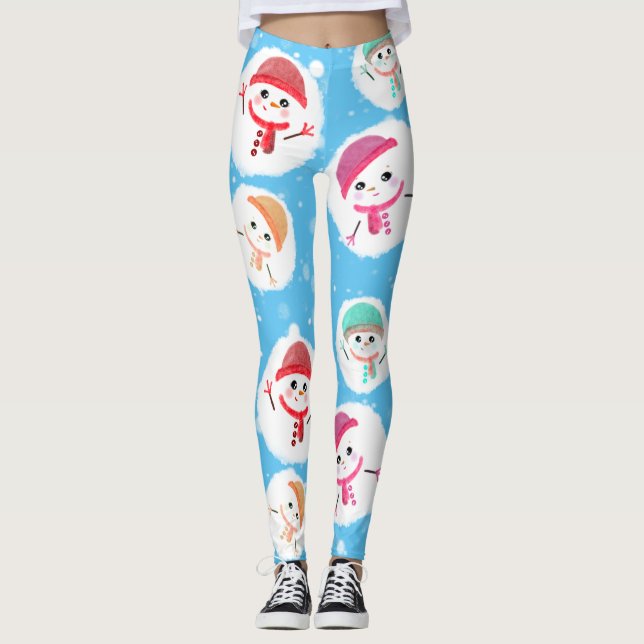 Snowball and Snowman Blue Leggings (Front)