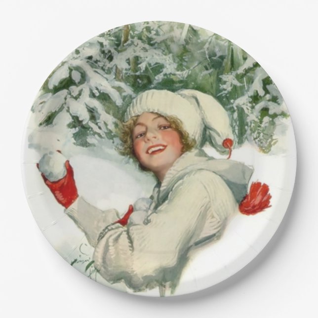Snowball Fight (by Harrison Fisher) Paper Plate (Front)