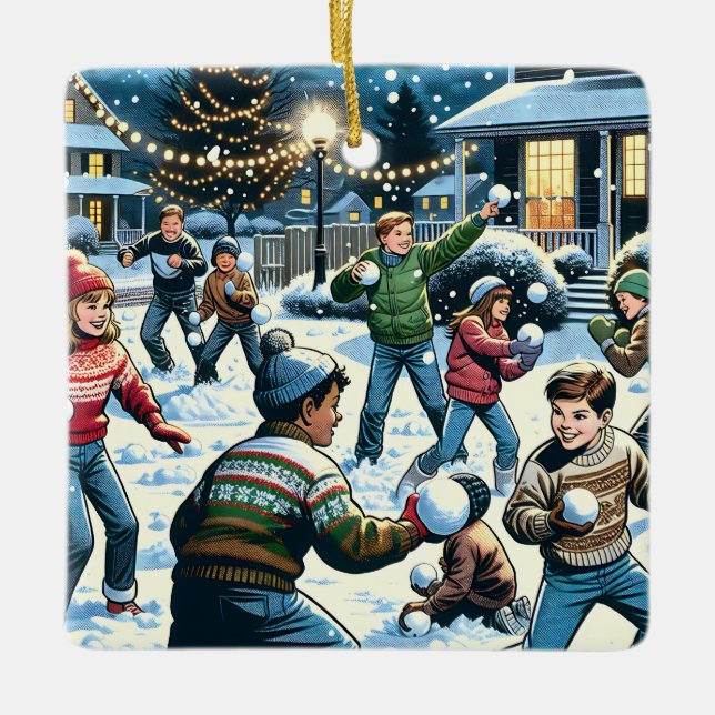 Snowball Fight Personalised Christmas Ceramic Ornament (Front)
