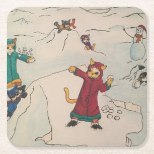 Snowball Fight Square Paper Coaster