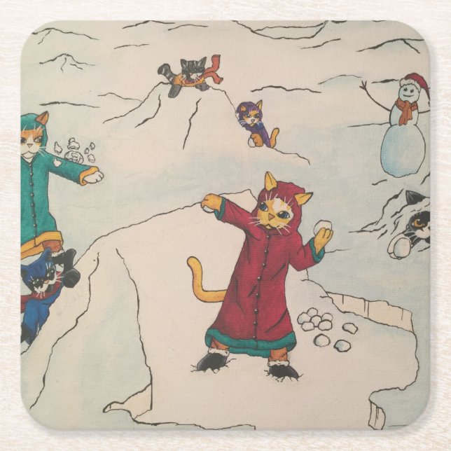 Snowball Fight Square Paper Coaster (Front)