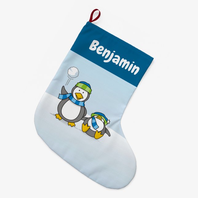 Snowballing Penguins Christmas Stocking (Front (Hanging))