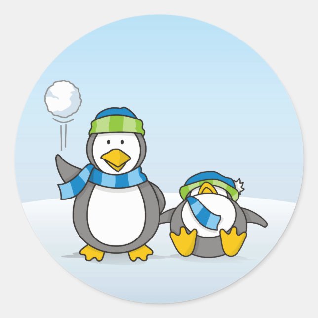 Snowballing penguins classic round sticker (Front)