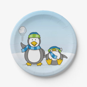 Snowballing penguins paper plate