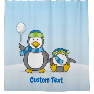 Snowballing penguins shower curtain