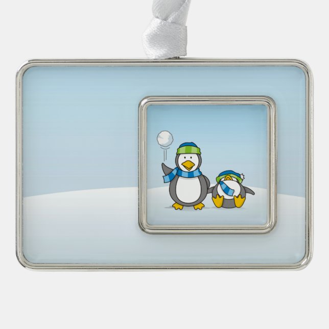 Snowballing penguins silver plated framed ornament (Front)