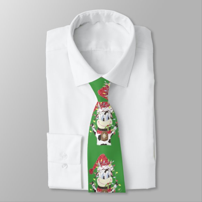 Snowbell the cow & the Xmas lights green tie (Tied)