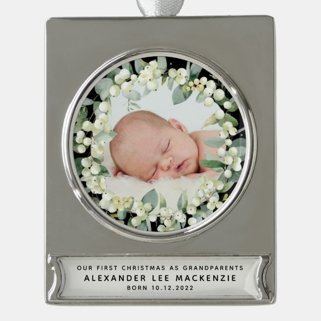 Snowberries - Baby's First Christmas Photo Silver Plated Banner Ornament (Front)