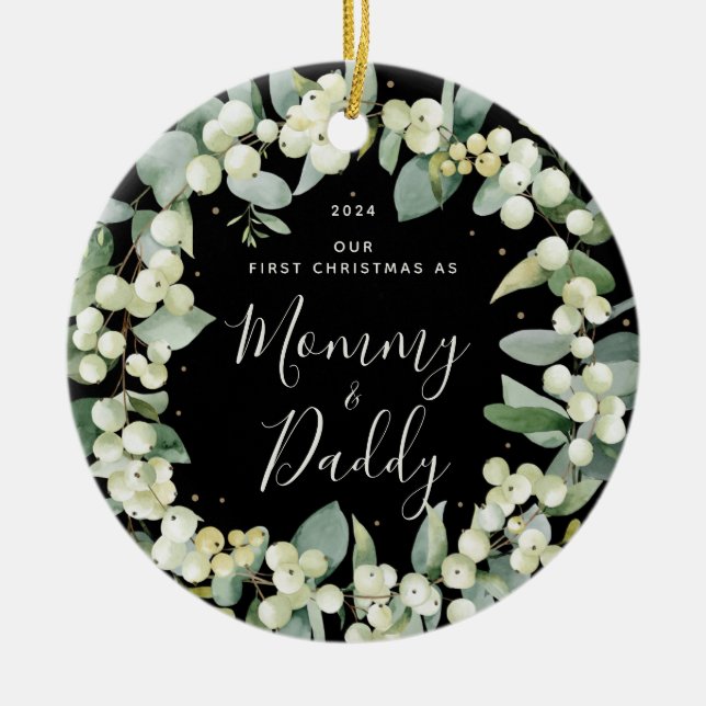 Snowberries First Christmas as Parents Photo Ceramic Tree Decoration (Front)