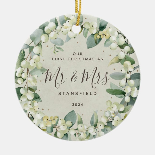 Snowberries - Our First Christmas Mr & Mrs Photo Ceramic Tree Decoration (Front)