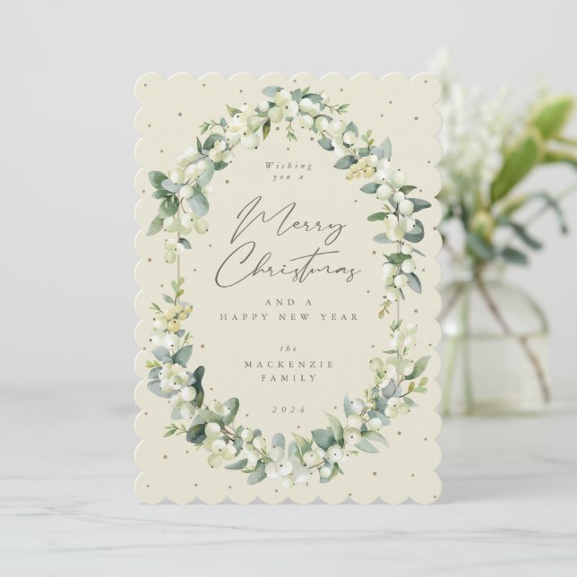 Snowberry+Eucalyptus Botanical Frame Christmas Holiday Card (Standing Front)