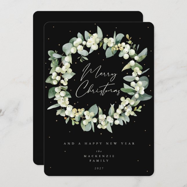 Snowberry + Eucalyptus Christmas Wreath Non-Photo Holiday Card (Front/Back)