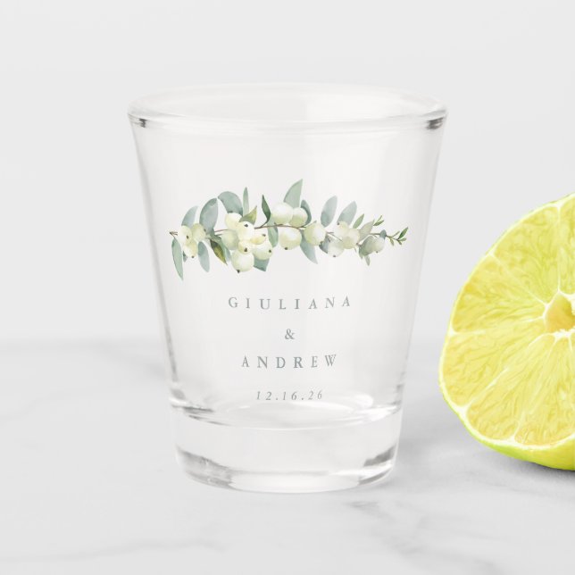 Snowberry & Eucalyptus Personalised Wedding Shot Glass (Front)