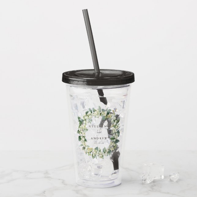 Snowberry & Eucalyptus Wreath Personalised Wedding Acrylic Tumbler (Front Ice)