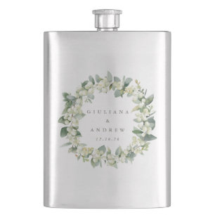 Snowberry & Eucalyptus Wreath Personalised Wedding Hip Flask