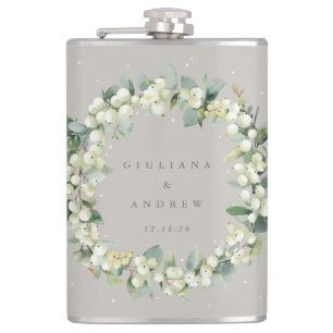 Snowberry & Eucalyptus Wreath Personalised Wedding Hip Flask