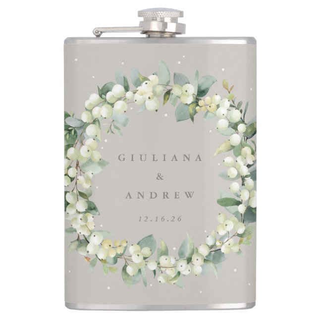 Snowberry & Eucalyptus Wreath Personalised Wedding Hip Flask (Front)
