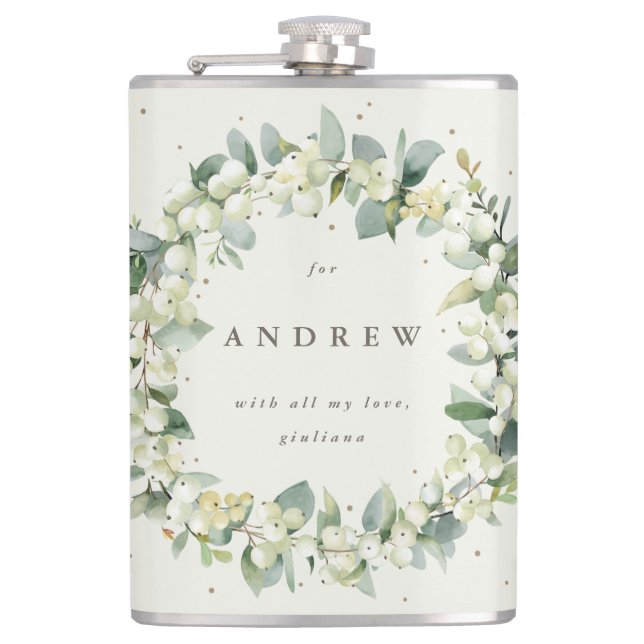 Snowberry & Eucalyptus Wreath Personalised Wedding Hip Flask (Front)