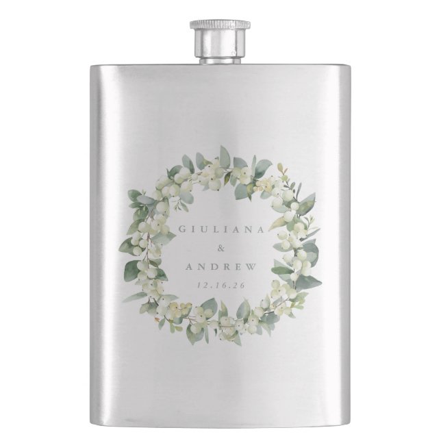 Snowberry & Eucalyptus Wreath Personalised Wedding Hip Flask (Front)