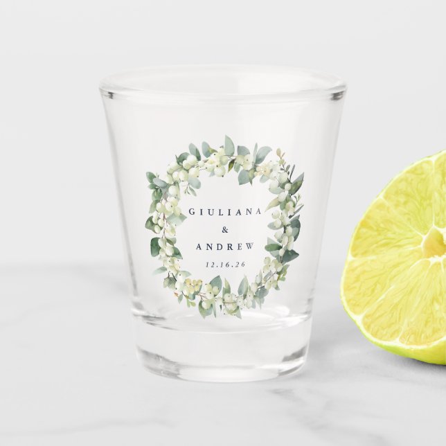 Snowberry & Eucalyptus Wreath Personalised Wedding Shot Glass (Front)