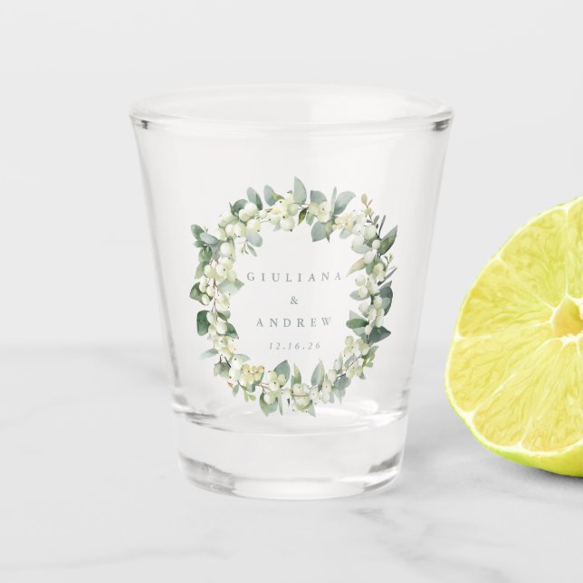 Snowberry & Eucalyptus Wreath Personalised Wedding Shot Glass (Front)