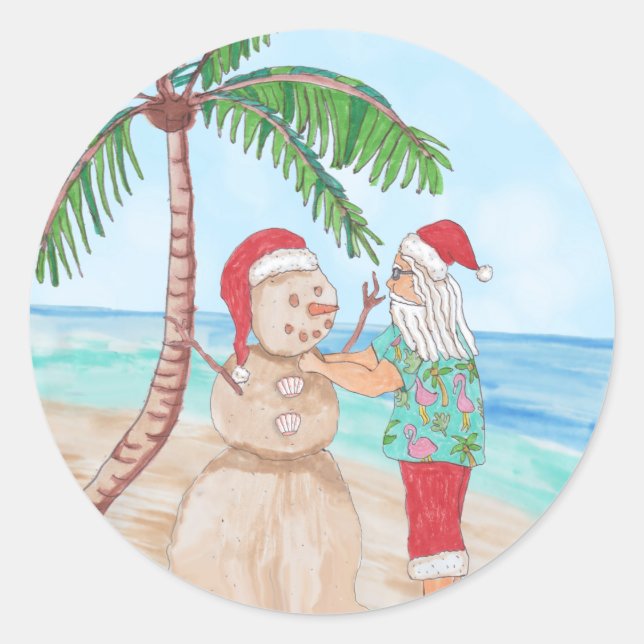 Snowbird Santa and Sandy Snowman  Classic Round Sticker (Front)