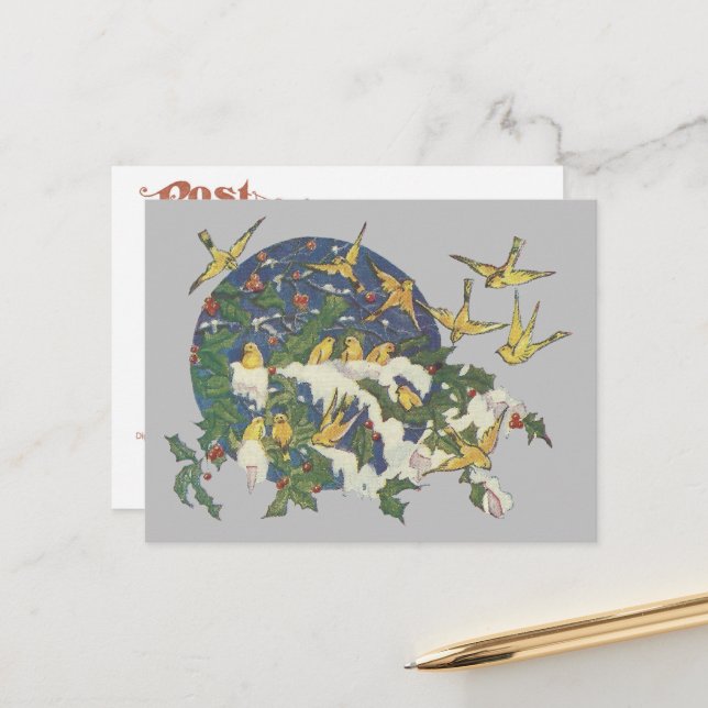 Snowbirds, Holly, and Snow - Christmas Postcard (Front/Back In Situ)