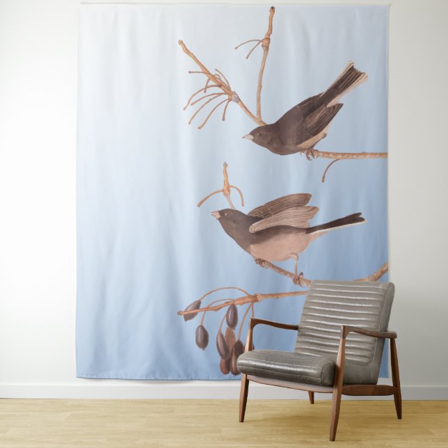 Snowbirds on a Bare Winter Branch Tapestry (In Situ)