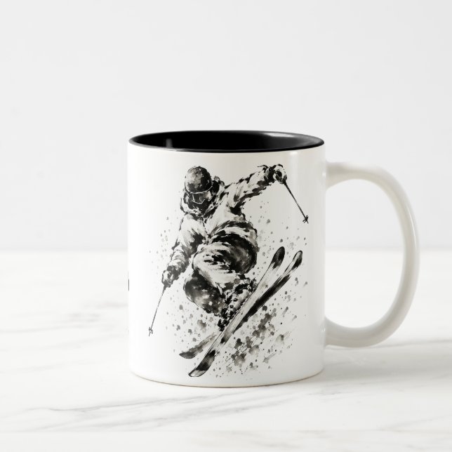 Snowboard Brush Art - Skier Light Two-Tone Coffee Mug (Right)