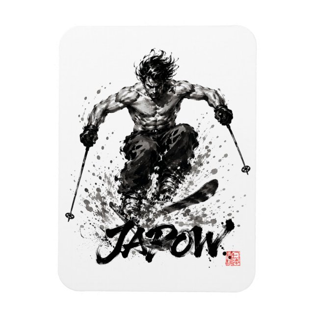 Snowboard Brush Art - Skier Samurai Musashi Ski Magnet (Vertical)
