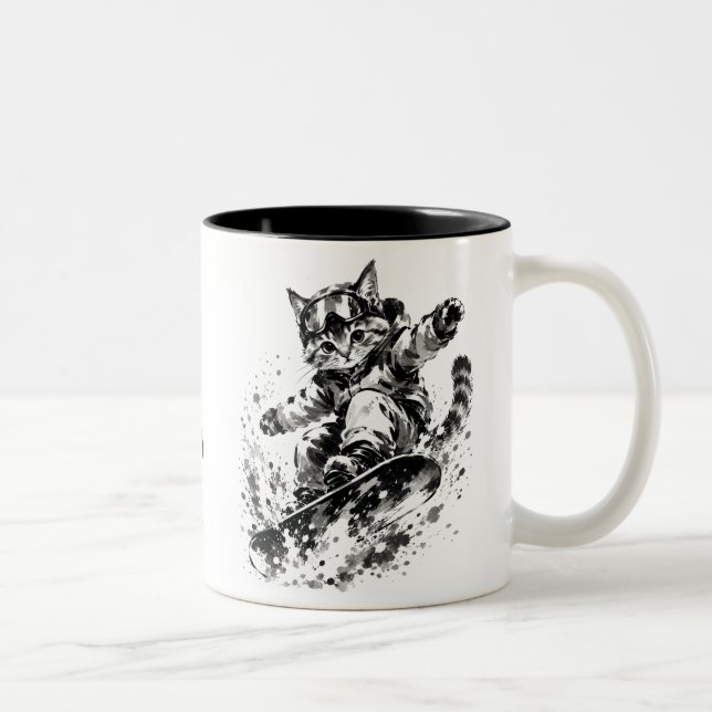 Snowboard Brush Art - Snowboarder cat Two-Tone Coffee Mug (Right)