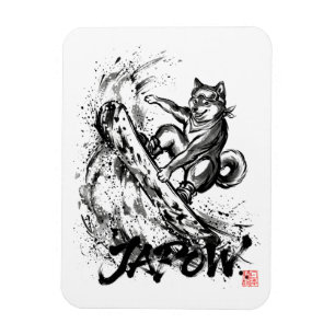 Snowboard Brush Art - Snowboarder Dog Shiba Inu Magnet