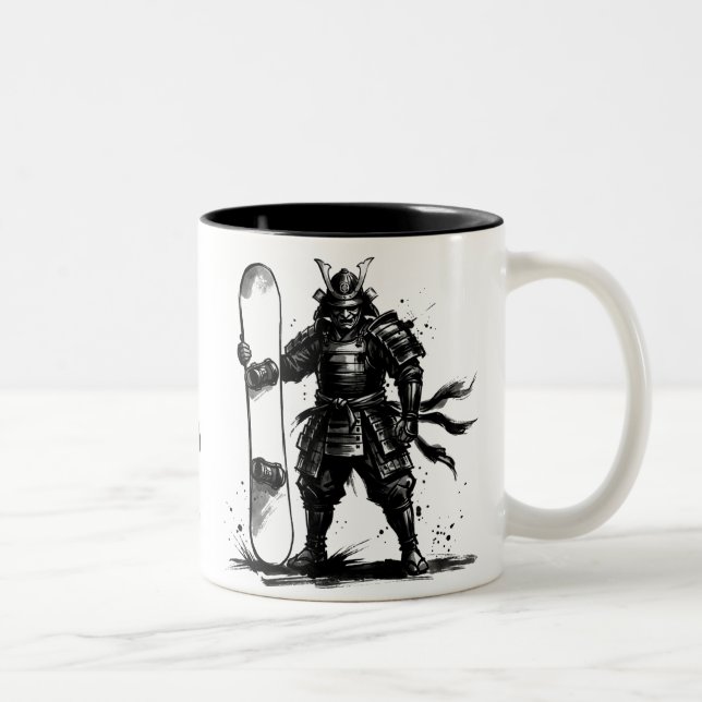 Snowboard Brush Art - Snowboarder Standing Samurai Two-Tone Coffee Mug (Right)